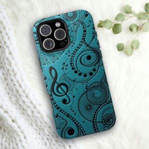 Music Lover Phone Case, Teal Blue with Music Notes, Gift for Musician