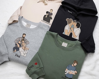 Custom Photo on Sweatshirt Embroidered Sleeve, Personalized Dad Portrait Hoodie from Your Photo, Funny Dad shirt, Unique Father&#39;s Day Gifts