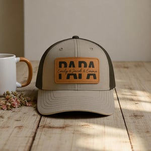 Custom Kids Name Dad Hat, Personalized Dad Gift, Leather Patch Hat, Dad and Kids Trucker Hat, Dad Hat, Fathers Day Hat, Grandpa Hat Gift