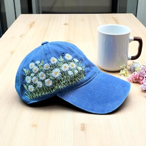 Hand Embroidery White Daisy Hat, Wildflowers Embroidered Hat, Personalized Baseball Cap, Vintage Embroidered Floral, Hat For Woman