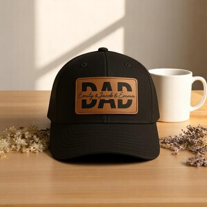 Custom Kids Name Dad Hat, Personalized Dad Gift, Leather Patch Hat, Dad and Kids Trucker Hat, Dad Hat, Fathers Day Hat, Grandpa Hat Gift