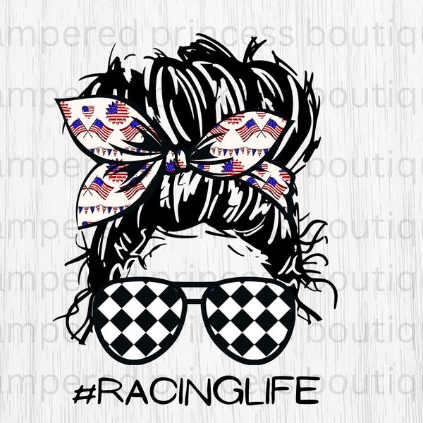 Messy Bun Race Mom Racing Car USA Flag Checkered Pattern Mom Sublimation Design Downloads Mom Bun Life Mom Life PNG Commercial Use OK