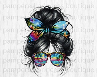 Beach Summer Messy Bun Brunette Mom Life DIGITAL png Sublimation Image Vacation Palm Tree 300 DPI High Resolution Commercial Use OK