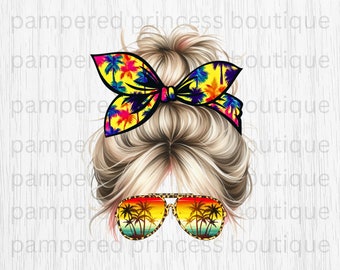 Beach Summer Messy Bun Blonde Mom Life DIGITAL png Sublimation Image Vacation Palm Tree 300 DPI High Resolution Commercial Use OK