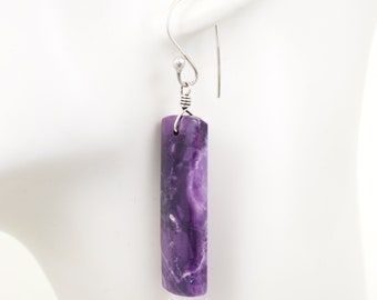 Mexican Purple Opal Earrings Pair, Rectangles, Genuine Gemstones, October Birthstone, .925 Sterling Silver, Stones 1 and 9/16" Long,  #5104