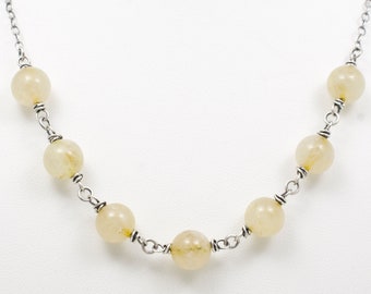 Light Yellow Gemstone Necklace with Rutilated Quartz Stone Beads, 3/8" Round Beads, Sterling Silver Chain, Hand Wire Wrapped Stones, #5223