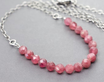 Natural Pink Tourmaline Rubellite Gemstones, Faceted Necklace with 3/16" Beads, October Birthstone, .925 Sterling Silver Lobster Clasp #5196