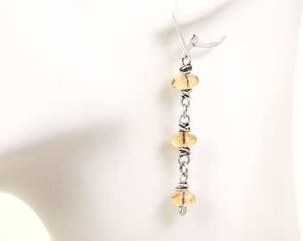 Citrine Yellow Dangle Gemstone Earrings, Sterling Silver Wire Wrapped Beads 1/4" Wide, Handcrafted Metal Wraps, Lever Back Ear Wires, #5224