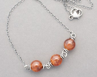 Orange Garnet Gemstone Necklace, January Birthstone Beads, Wire Wrapped Beads, Hessonite Garnets, .925 Sterling Silver, 5/16" Beads, #5058