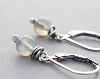 Blue and Gray Labradorite Gemstone Earrings, .925 Sterling Silver, 1/4" Wide Round Beads, Wire Wrapped Short Dangles, Natural Stones, #4939