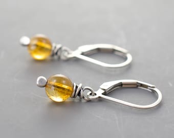 Yellow Citrine Gemstone Earrings with Sterling Silver and Wire Wrapped Beads, Short Dangle Lever Back Wires, Petite November Birthstone 4978