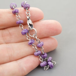 Charoite Purple Gemstone Bracelet, 1/4 Inch x 1/16 Inch, .925 Sterling Silver Metal, Handmade Links Made by Seller, Lobster Clasp, 4936 image 5