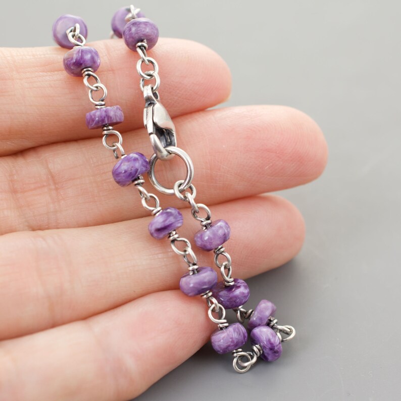 Charoite Purple Gemstone Bracelet, 1/4 Inch x 1/16 Inch, .925 Sterling Silver Metal, Handmade Links Made by Seller, Lobster Clasp, 4936 image 5