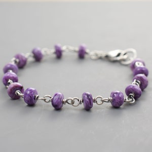 Charoite Purple Gemstone Bracelet, 1/4 Inch x 1/16 Inch, .925 Sterling Silver Metal, Handmade Links Made by Seller, Lobster Clasp, 4936 image 2