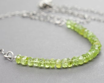 Petite Green Grass Garnet Gemstone Necklace, Faceted Rondelles 3/16" Wide, .925 Sterling Silver, Lobster Clasp, Natural Stone Beads, #5191