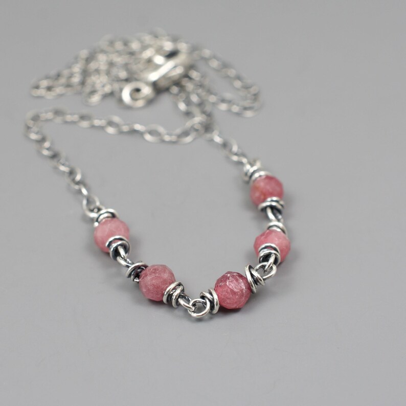 Faceted Petite Pink Tourmaline Gemstone Necklace with 5 Wire Wrapped Links of Faceted 3/16 Inch Wide Beads, .925 Sterling Silver, 5073 image 4