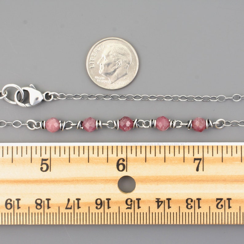 Faceted Petite Pink Tourmaline Gemstone Necklace with 5 Wire Wrapped Links of Faceted 3/16 Inch Wide Beads, .925 Sterling Silver, 5073 image 2