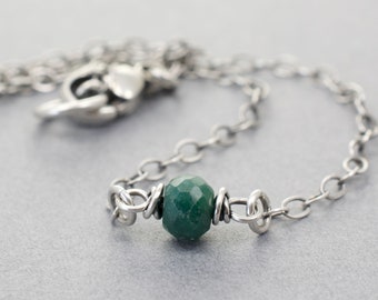 Petite Single Green Emerald Gemstone Necklace 1/4" Tall, May Birthstone Gift for Mom, Handcrafted Wire Wraps, .925 Sterling Silver, #4792