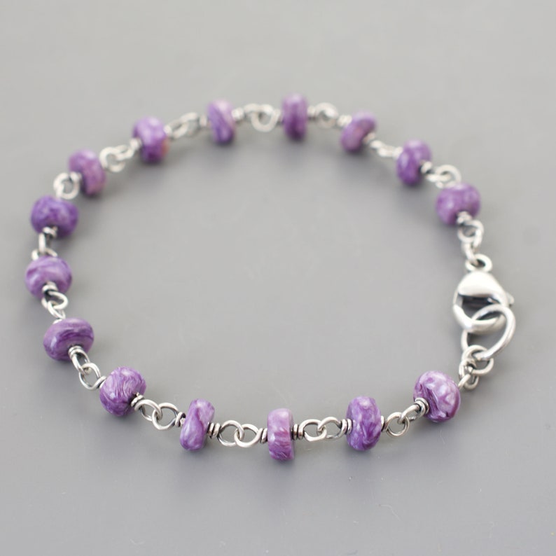 Charoite Purple Gemstone Bracelet, 1/4 Inch x 1/16 Inch, .925 Sterling Silver Metal, Handmade Links Made by Seller, Lobster Clasp, 4936 image 4