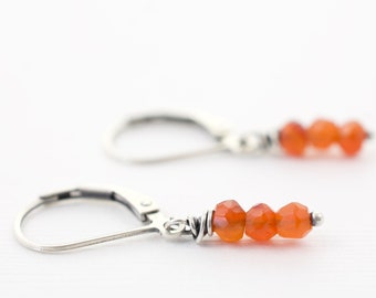 Orange Carnelian Short Dangle Gemstone Earrings, August Birthstone, Wire Wrapped Petite Stone Beads, Casual Contemporary Jewelry, #4938