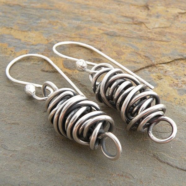 Sterling Silver Earrings - Twisted Wire, Thick Twistie Beads, Oxidized Sterling