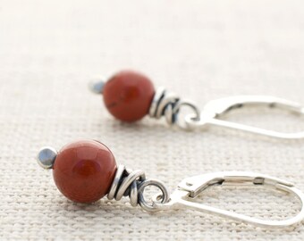 Deep Red Orange Jasper Gemstone Earrings, Wire Wrapped Short Dangle Round Beads, Sterling Silver Lever Back Ear Wires, Ships Quickly, #5174