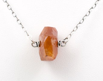 Orange Faceted Carnelian Gemstone Pendant Necklace, .925 Sterling Silver Chain & Casp, Wire Wrapped by Hand, Minimalist Jewelry, 4970