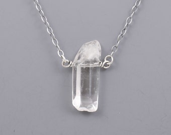 Natural Clear Quartz Gemstone Pendant Necklace, One Inch and 3/16" Tall and Just Under 1/2" Wide, All Metal is .925 Sterling Silver, #4987