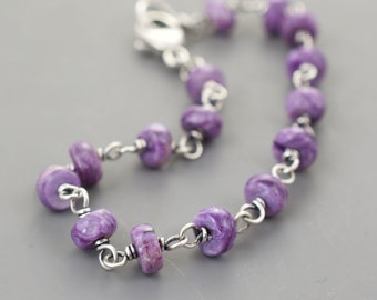 Purple Charoite Gemstone Bracelet, .925 Sterling Silver Wire, Wrapped Links Made by Seller, Natural Gemstone, Lobster Claw Clasp, #4936