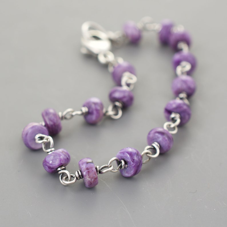 Charoite Purple Gemstone Bracelet, 1/4 Inch x 1/16 Inch, .925 Sterling Silver Metal, Handmade Links Made by Seller, Lobster Clasp, 4936 image 1