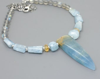 Blue Calcite Pointed Spear 2-inch Long Pendant, Gemstones of Aquamarine, Labradorite, Citrine, Hill Tribe Silver Beads, Lobster Clasp, #4917