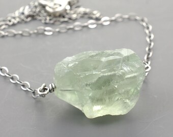 Light Green Prasiolite Rustic Pendant with Faceted Gemstone Necklace, Variety of Quartz, .925 Sterling Silver Chain, Lobster Clasp. #5229