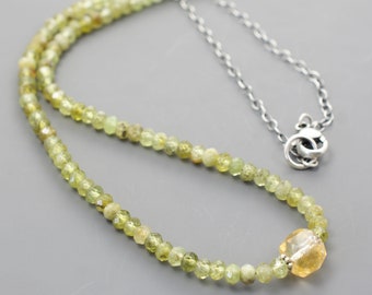 Green Garnet Gemstone Necklace with Yellow Citrine Focal Bead and Faceted Rondelle Beads, .925 Sterling Silver Chain, Lobster Clasp, #5201