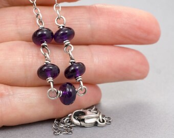 Purple Amethyst Oval Chain Necklace, February Birthstone, Gemstone Beads 5/16" Wide x 3/16", .925 Sterling Silver, Handmade Wire Links, 4766