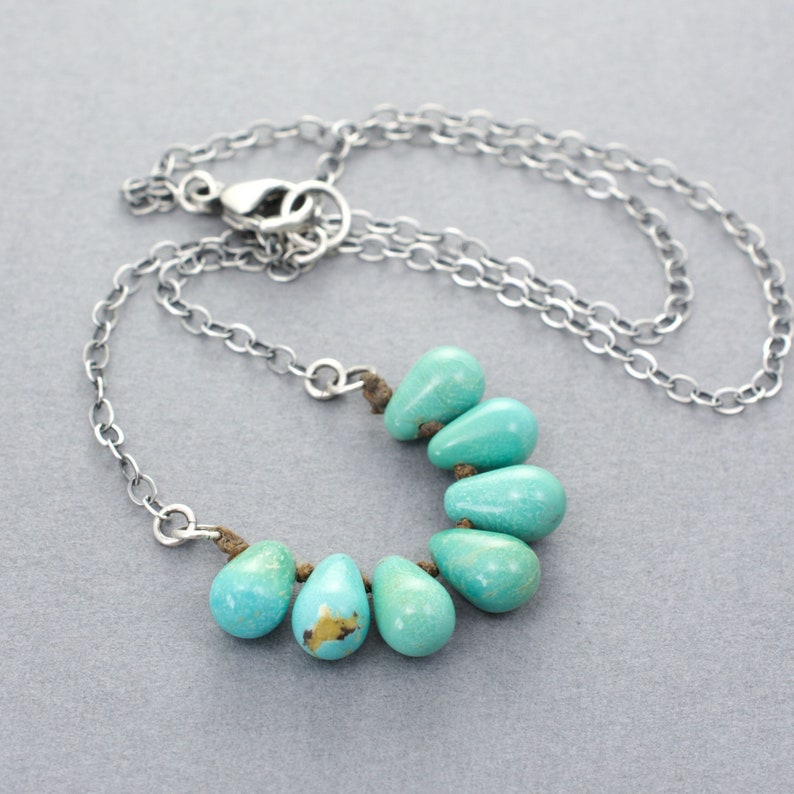 Genuine Blue-Green Turquoise Teardrop Gemstone Beads, Seven Stones on Waxed Linen, Beads 1/4 Wide at the Bottom, .925 Sterling Chain, 4148 image 1