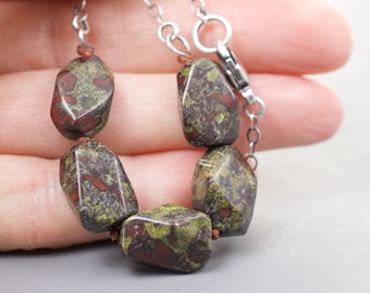 Forest Green Dragon Blood Jasper Stones, Hand Knotted Necklace, .925 Sterling Silver Wire, Stones 5/16 Inches Wide, Red & Moss Green #4249