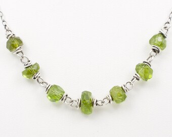 Natural Green Peridot Gemstone Necklace with Randomly Cut Faceted Beads, August Birthstone Jewelry Gift, Sterling Silver Chain, #4580