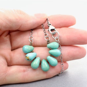 Genuine Blue-Green Turquoise Teardrop Gemstone Beads, Seven Stones on Waxed Linen, Beads 1/4 Wide at the Bottom, .925 Sterling Chain, 4148 image 2