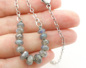 Faceted Labradorite Gemstones with Yellow and Blue Flashes, Sterling Silver Chain, Lobster Clasp, .925 Sterling, 4/16 Beads Inch Wide, #4229