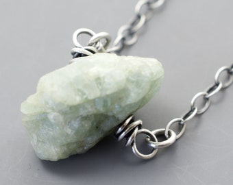 March Birthstone, Light Green Rustic Aquamarine Gemstone Pendant Necklace, Beryl Gemstone, .925 Sterling Silver Chain, Lobster Clasp, #4782