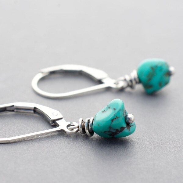 Turquoise Gemstone Nugget Earrings, .925 Sterling Silver, Blue Green Stones, Lever Back Ear Wires, December Birthstone Gift, 1/4" Beads 5035