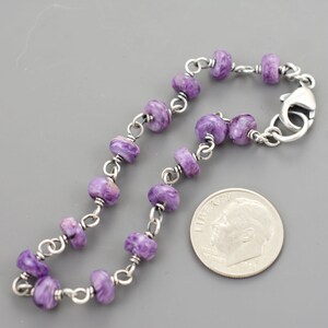 Charoite Purple Gemstone Bracelet, 1/4 Inch x 1/16 Inch, .925 Sterling Silver Metal, Handmade Links Made by Seller, Lobster Clasp, 4936 image 3