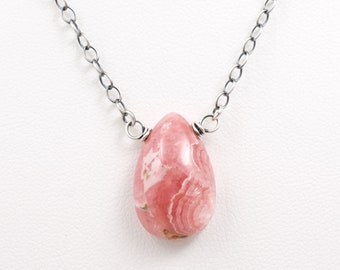 Pink Rhodochrosite Teardrop Gemstone, Petite Wire Wrapped Pendant Necklace, Sterling Silver Cable Chain and Lobster Clasp, Minimalist, #5025