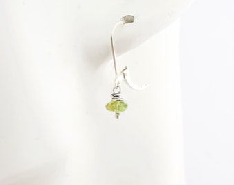 Minimalist Green Petite Peridot Gemstone Earrings Wire Wrapped by Hand, August Birthstone Jewelry, Sterling Silver Lever Back Wires. #5142