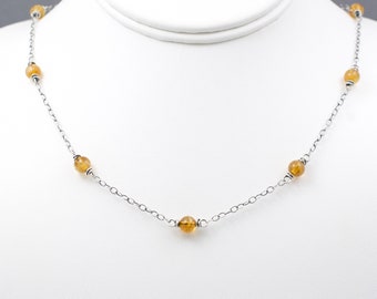 Golden Yellow Citrine Gemstone Necklace with 1/4" Round Beads, November Birthstone Station Jewelry, .925 Sterling Silver Wrapped Links,#5157