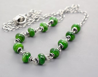 Green Chrome Diopside Gemstone Necklace With Wire Wrapped Links, .925 Sterling Silver Chain & Clasp, Beads 4/16", Rondelle Stones, #5085