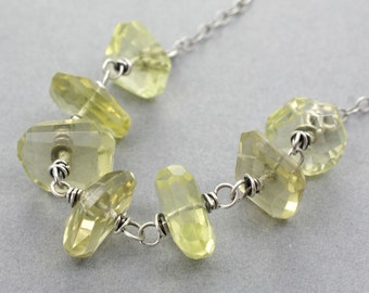 Lemon Quartz Faceted Nuggets, Yellow Green Gemstone Necklace, Beads About 1/2" Wide, Handmade Wire Wraps, .925 Sterling Silver, Chain, #4584