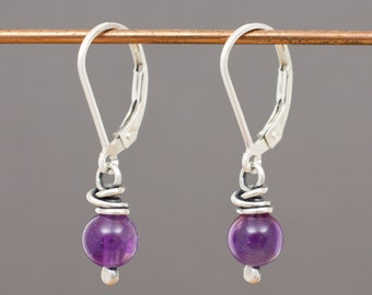 Purple Amethyst Gemstone Earrings with Wire Wrapped Dangles, 1/4" Round Stones, February Birthstone, .925 Sterling Silver, Lever Back, #4895