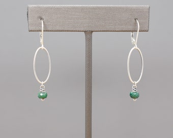 Green Emerald Gemstone Earrings with Oval Dangles, One and 3/4" Tall, May Birthstone Gift, Handcrafted Wire, .925 Sterling Silver, #4792