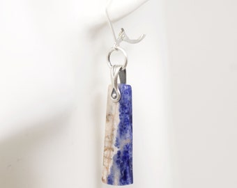 Blue and Tan Sodalite Gemstone Earrings, Sterling Silver Dangles, Leverback Ear Wires, #5095